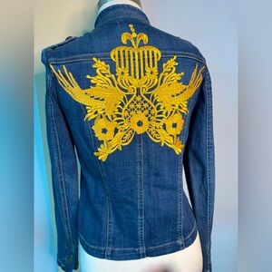 Embellish denim jean jacket with embroidered gold patch military blazer Sz 6